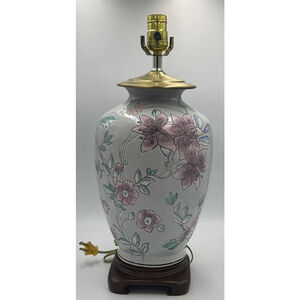 VTG Asian Blue Floral Ginger Jar Ceramic Table Lamp Painted Flowers 18” No Shade